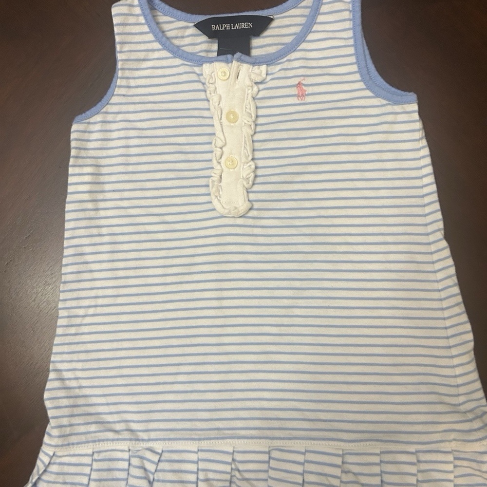 Ralph Lauren Baby Girl Blue White Striped Ruffle Dress 12M Cotton Sleeveless